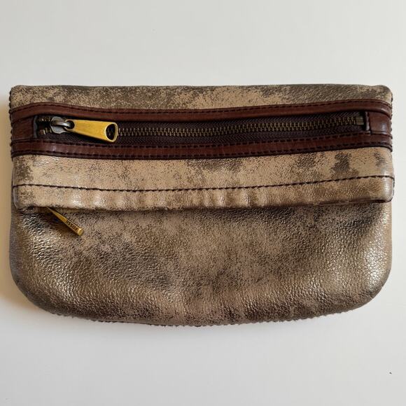 Fossil Explorer Metallic Gold Distressed Handbag Clutch Bag Leather Zipper Purse - Picture 1 of 16